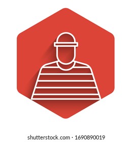 White line Prisoner icon isolated with long shadow. Red hexagon button. Vector Illustration