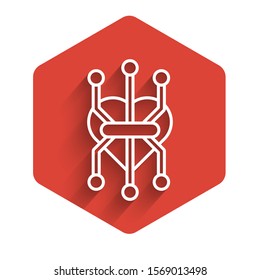 White line Processor icon isolated with long shadow. CPU, central processing unit, microchip, microcircuit, computer processor, chip. Red hexagon button. Vector Illustration
