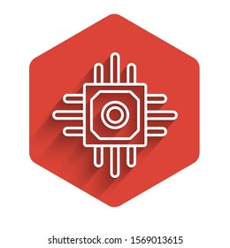 White line Processor icon isolated with long shadow. CPU, central processing unit, microchip, microcircuit, computer processor, chip. Red hexagon button. Vector Illustration