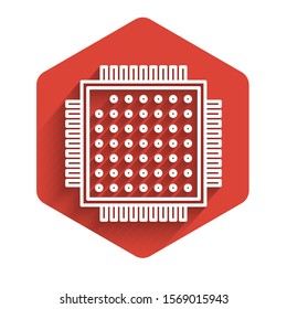 White line Processor icon isolated with long shadow. CPU, central processing unit, microchip, microcircuit, computer processor, chip. Red hexagon button. Vector Illustration