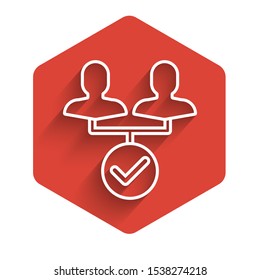 White line Project team base icon isolated with long shadow. Business analysis and planning, consulting, team work, project management. Red hexagon button. Vector Illustration