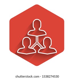 White line Project team base icon isolated with long shadow. Business analysis and planning, consulting, team work, project management. Red hexagon button. Vector Illustration