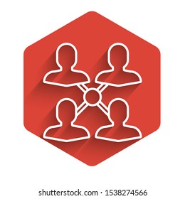 White line Project team base icon isolated with long shadow. Business analysis and planning, consulting, team work, project management. Red hexagon button. Vector Illustration