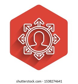 White line Project team base icon isolated with long shadow. Business analysis and planning, consulting, team work, project management. Red hexagon button. Vector Illustration