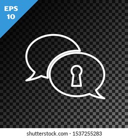 White line Protection of personal data icon isolated on transparent dark background. Speech bubble and key.  Vector Illustration