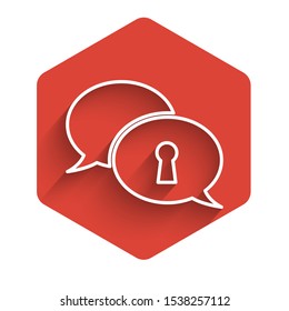 White line Protection of personal data icon isolated with long shadow. Speech bubble and key. Red hexagon button. Vector Illustration