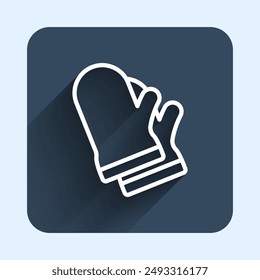 White line Protective gloves icon isolated with long shadow background. Protective clothing and tool worker. Blue square button. Vector