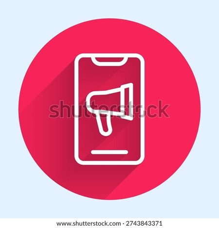 White line Protest icon isolated with long shadow. Meeting, protester, picket, speech, banner, protest placard, petition, leader, leaflet. Red circle button. Vector