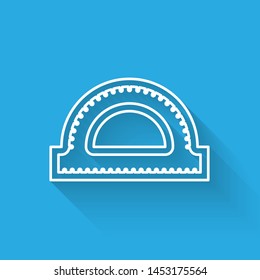 White line Protractor grid for measuring degrees icon isolated with long shadow. Tilt angle meter. Measuring tool. Geometric symbol.  Vector Illustration