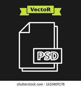 White line PSD file document. Download psd button icon isolated on black background. PSD file symbol.  Vector Illustration