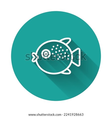 White line Puffer fish icon isolated with long shadow. Fugu fish japanese puffer fish. Green circle button. Vector