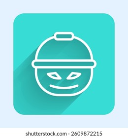 White line Pumpkin basket for sweets icon isolated with long shadow. Happy Halloween party. Green square button. Vector