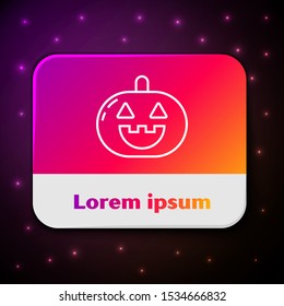 White line Pumpkin icon isolated on black background. Happy Halloween party. Rectangle color button. Vector Illustration