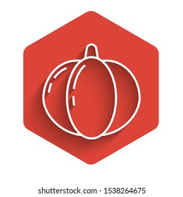 White line Pumpkin icon isolated with long shadow. Happy Halloween party. Red hexagon button. Vector Illustration