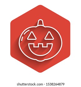 White line Pumpkin icon isolated with long shadow. Happy Halloween party. Red hexagon button. Vector Illustration