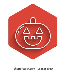 White line Pumpkin icon isolated with long shadow. Happy Halloween party. Red hexagon button. Vector Illustration