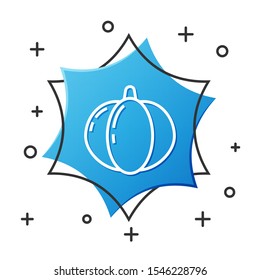 White line Pumpkin icon isolated on white background. Happy Halloween party. Blue hexagon button. Vector Illustration