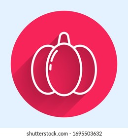 White line Pumpkin icon isolated with long shadow. Happy Halloween party. Red circle button. Vector Illustration