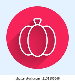 Icono de calabaza de línea blanca aislado con una sombra larga. Feliz fiesta de Halloween. Botón de círculo rojo. Vector