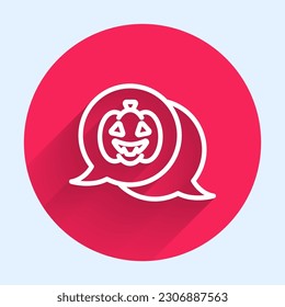 Icono de calabaza de línea blanca aislado con una sombra larga. Feliz fiesta de Halloween. Botón de círculo rojo. Vector