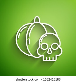 White line Pumpkin and skull icon isolated on green background. Happy Halloween party.  Vector Illustration