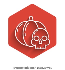 White line Pumpkin and skull icon isolated with long shadow. Happy Halloween party. Red hexagon button. Vector Illustration
