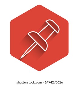 White line Push pin icon isolated with long shadow. Thumbtacks sign. Red hexagon button. Vector Illustration