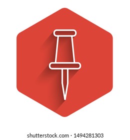 White line Push pin icon isolated with long shadow. Thumbtacks sign. Red hexagon button. Vector Illustration