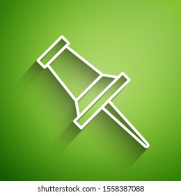 White line Push pin icon isolated on green background. Thumbtacks sign.  Vector Illustration