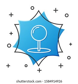 White line Push pin icon isolated on white background. Thumbtacks sign. Blue hexagon button. Vector Illustration