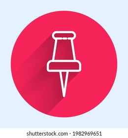 White line Push pin icon isolated with long shadow. Thumbtacks sign. Red circle button. Vector Illustration