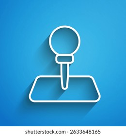 White line Push pin icon isolated on blue background. Thumbtacks sign. Long shadow. Vector
