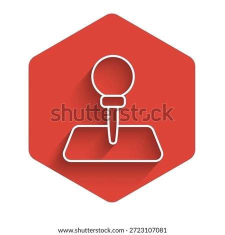 White line Push pin icon isolated with long shadow background. Thumbtacks sign. Red hexagon button. Vector