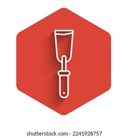 White line Putty knife icon isolated with long shadow. Spatula repair tool. Spackling or paint instruments. Red hexagon button. Vector Illustration