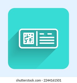 White line QR code ticket train icon isolated with long shadow. Green square button. Vector