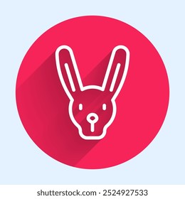 White line Rabbit with ears icon isolated with long shadow. Magic trick. Mystery entertainment concept. Red circle button. Vector