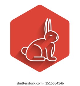 White line Rabbit icon isolated with long shadow. Red hexagon button. Vector Illustration