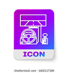 White line Racing simulator cockpit icon isolated on white background. Gaming accessory. Gadget for driving simulation game. Rectangle color button. Vector Illustration