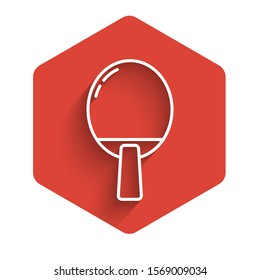 White line Racket for playing table tennis icon isolated with long shadow. Red hexagon button. Vector Illustration