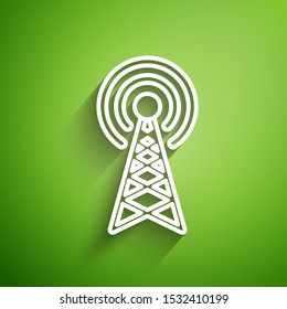 White line Radar icon isolated on green background. Military search system.  Vector Illustration