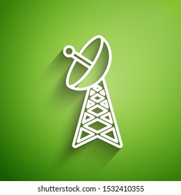 White line Radar icon isolated on green background. Military search system.  Vector Illustration