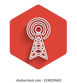 White line Radar icon isolated with long shadow. Military search system. Red hexagon button. Vector Illustration