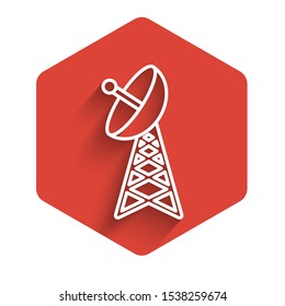 White line Radar icon isolated with long shadow. Military search system. Red hexagon button. Vector Illustration