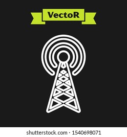 White line Radar icon isolated on black background. Military search system.  Vector Illustration