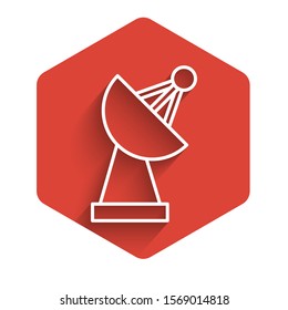 White line Radar icon isolated with long shadow. Search system. Satellite sign. Red hexagon button. Vector Illustration