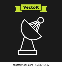 White line Radar icon isolated on black background. Search system. Satellite sign.  Vector Illustration