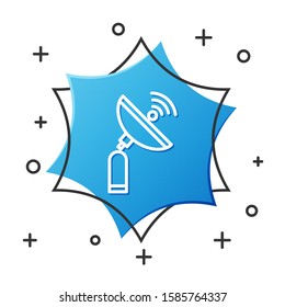 White line Radar icon isolated on white background. Search system. Satellite sign. Blue hexagon button. Vector Illustration