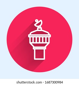White line Radar icon isolated with long shadow. Search system. Satellite sign. Red circle button. Vector Illustration