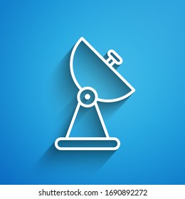 White line Radar icon isolated on blue background. Search system. Satellite sign. Long shadow. Vector Illustration