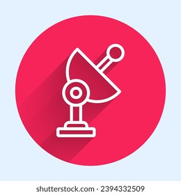 White line Radar icon isolated with long shadow background. Search system. Satellite sign. Red circle button. Vector